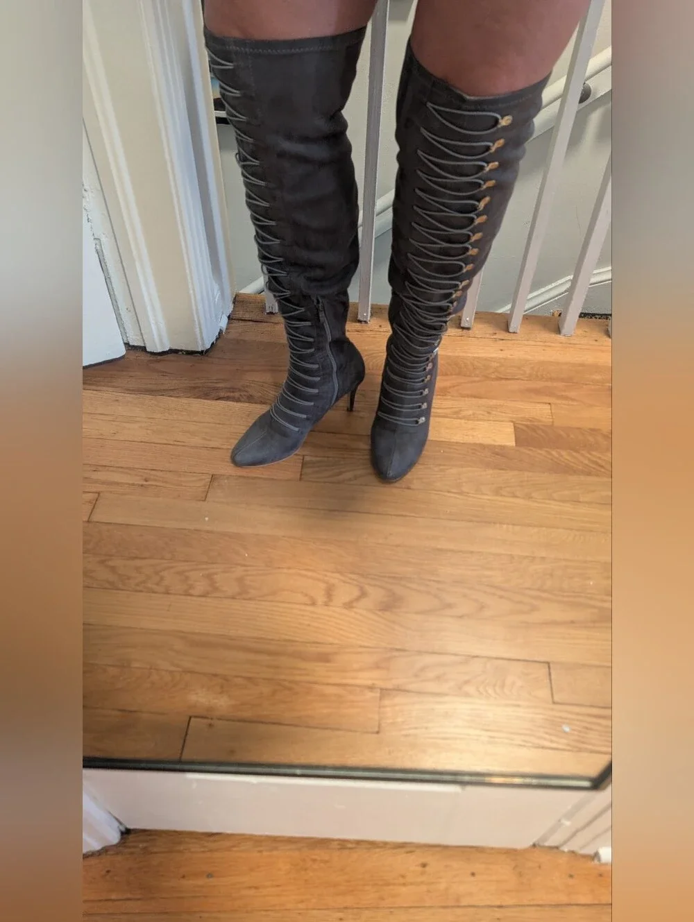 Gray Lace-Up Over-the-Knee Heeled Boots